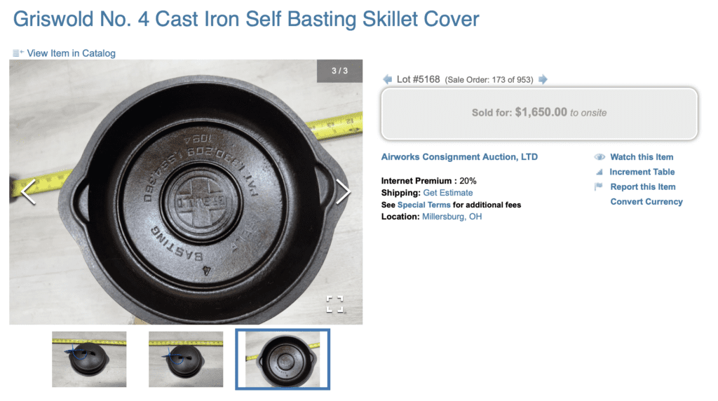 Griswold high-dome cast iron skillet cover number 4, large block logo EPU, pattern number 1094. Sold for $1,650